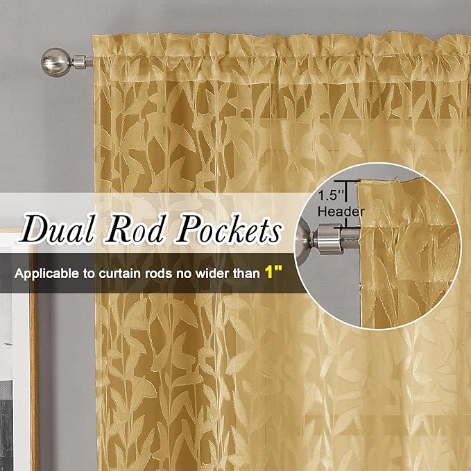 Lecloud Leia Dark Gold Sheer Curtains 72 Inches Long 2 Panels, Airy & - Image 2