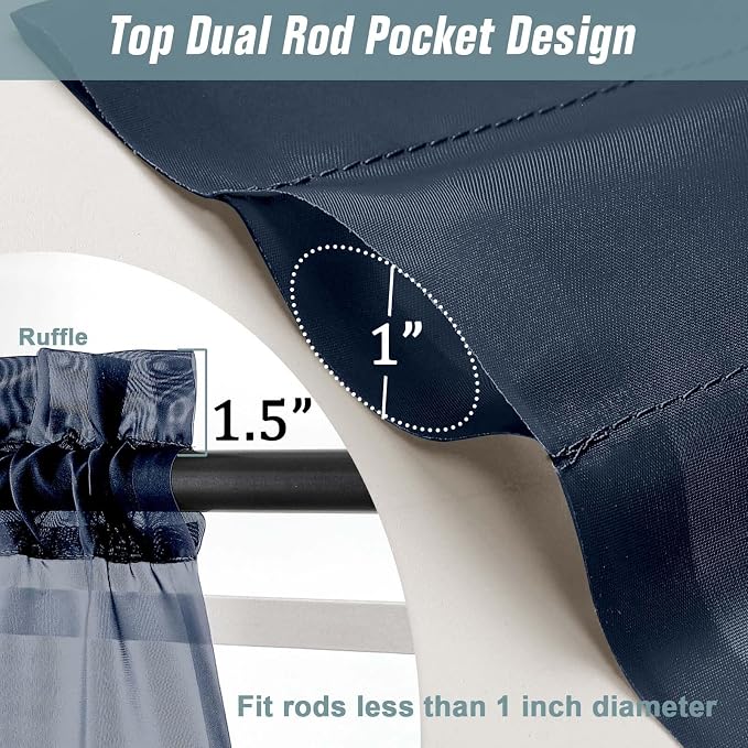 Navy Blue Small Sheer Curtains 2 Panels Set, Kitchen Curtains 36 Inch Length - Image 3