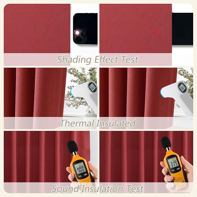 Guken Red 100% Blackout Linen Curtains 120 Inch Length 2 Panels Set - Image 5