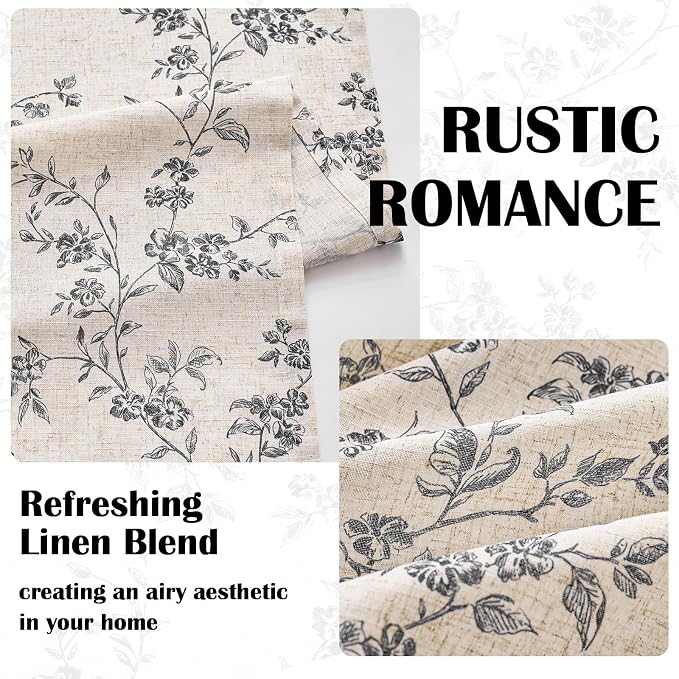 Lazzzy Black Floral Linen Curtains 84 Inch Farmhouse Back Tab Drapes - Image 3