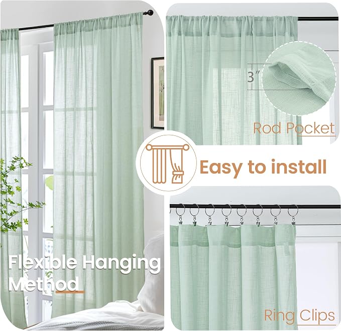 BGment 40 Inch Length Light Green Linen Curtains - Image 6