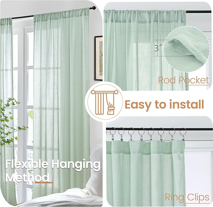 BGment Light Green Linen Semi Sheer Curtains 45 Inch Length - Image 6