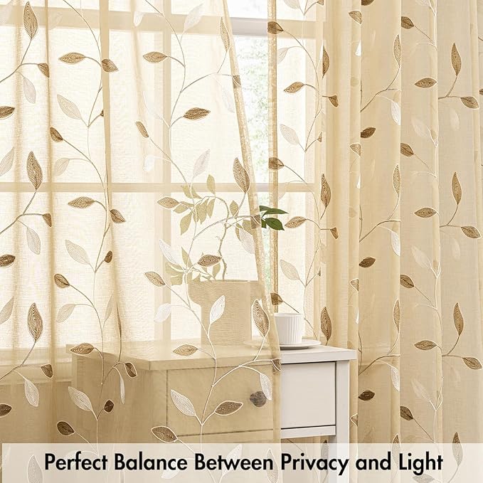 MIULEE Khaki Sheer Curtains 2 Panels Embroidered Leaf Patterned Rod Pocket - Image 4