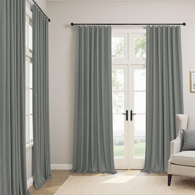 Gray Blackout Curtains 96 Inches Long 2 Panel Burg Linen Textured Charcoal Dark - Image 2