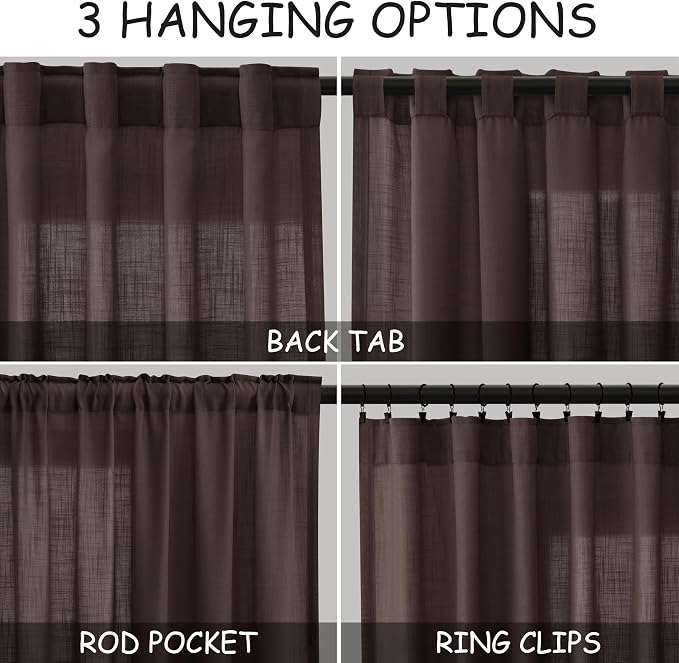 Coffee Linen Textured 96 Inch Curtains 2 Panel Set Back Tab Rod Pocket Sheer - Image 3