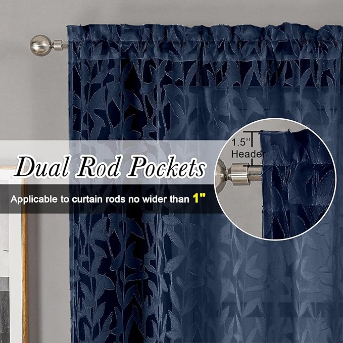 Lecloud Leia Navy Blue Sheer Curtains 84 Inches Long 2 Panels, Airy Leaf - Image 4