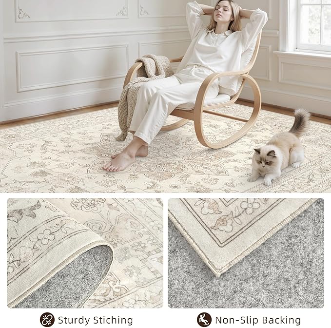 8x10 Area Rugs for Living Room: Vintage Boho Neutral Washable Rug Indoor Soft - Image 4