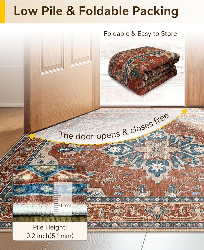 Area Rugs 8'x10' Washable Non-Slip, Floral Vintage Distress Print Pattern - Image 3