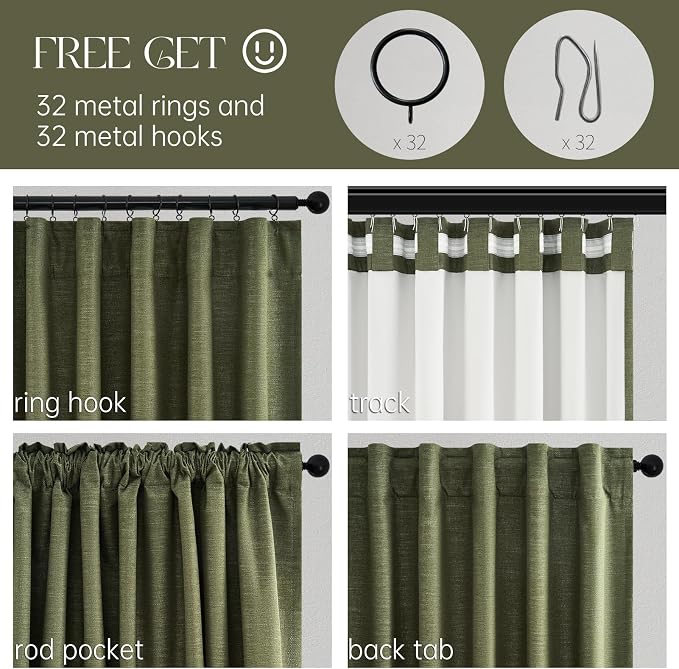 Topfinel Olive Green 63 Inch Long Linen Blackout Curtains 2 Panels Set Thermal - Image 3