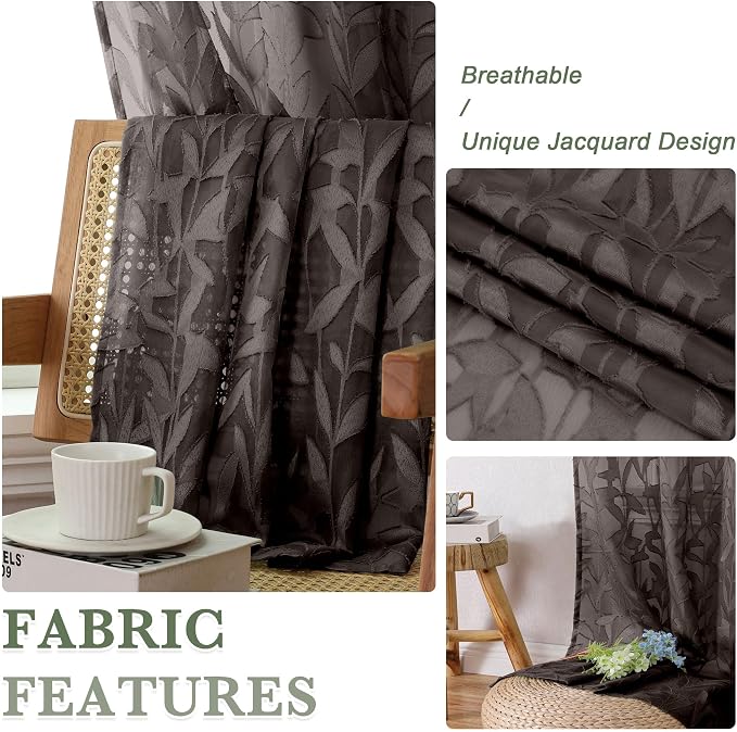 Lecloud Leia Clip Textured Leaf Chocolate Brown Sheer Curtain 63 Inch Length 2 - Image 8