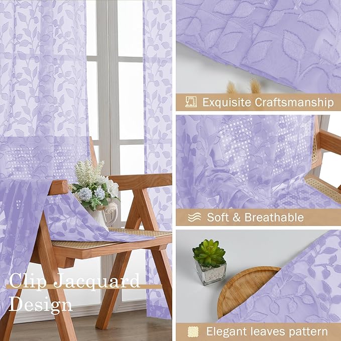 Chyhomenyc Light Purple Sheer Curtains 24 Inch Length, Light Filtering Leaf - Image 7