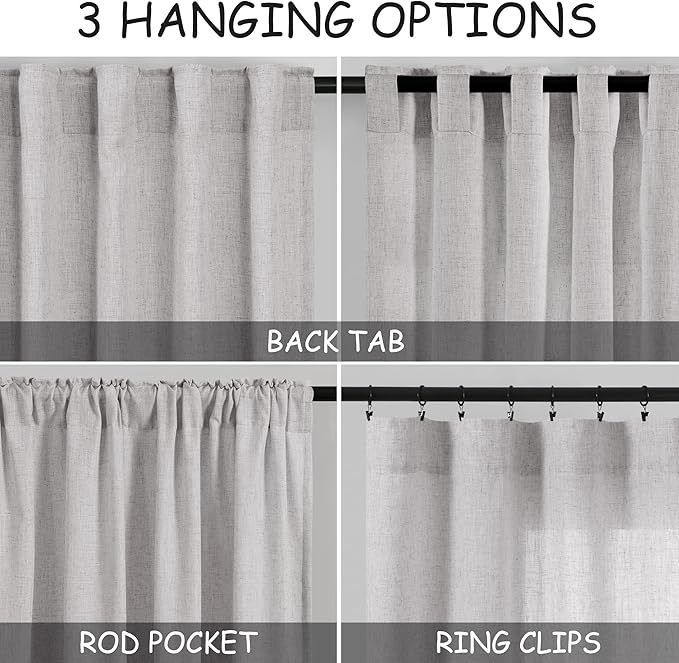 Nanspring Grey Linen Semi Sheer Curtains 108 Inches Long 2 Panels Back Tab Loop - Image 3