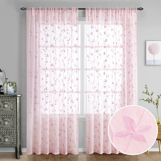 HOMEIDEAS Pink Sheer Curtains 52 X 96 Inches Length 2 Panels Embroidered Vine by HOMEIDEAS