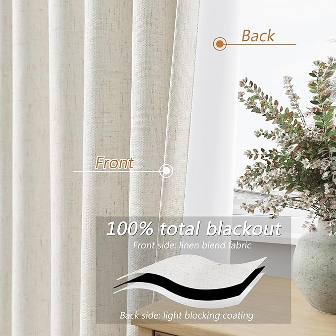 Beige White 100% Blackout Linen Curtains 90 Inch Length 2 Panels Set - Image 4