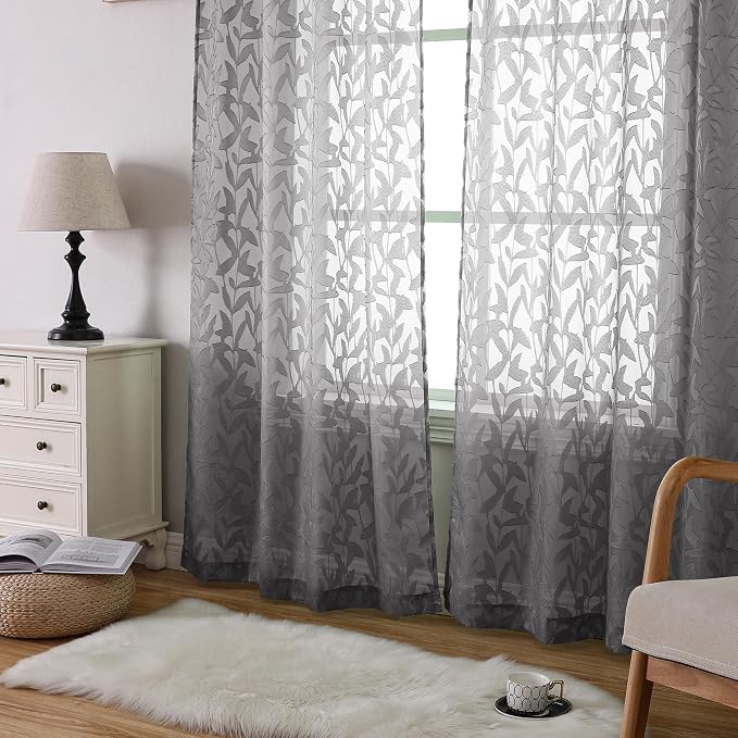 Lecloud Leia Jacquard Leaf Charcoal Grey Sheer Curtains - Image 9