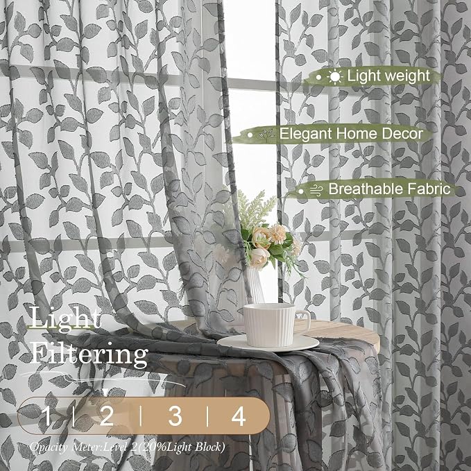 Chyhomenyc Charcoal Grey Sheer Curtains 72 Inches Long 2 Panels Set, Light - Image 2