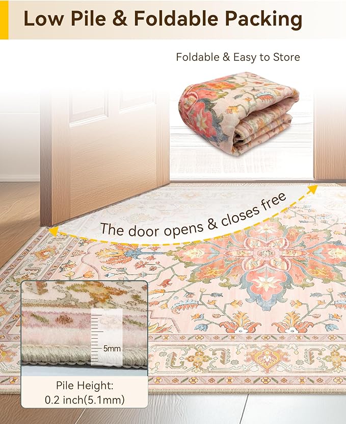 Area Rugs Square 4ft Washable Non-Slip, Floral Vintage Distress Print Pattern - Image 4