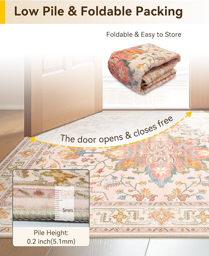 Area Rugs 5'x7' Washable Non-Slip, Floral Vintage Distress Print Pattern - Image 6
