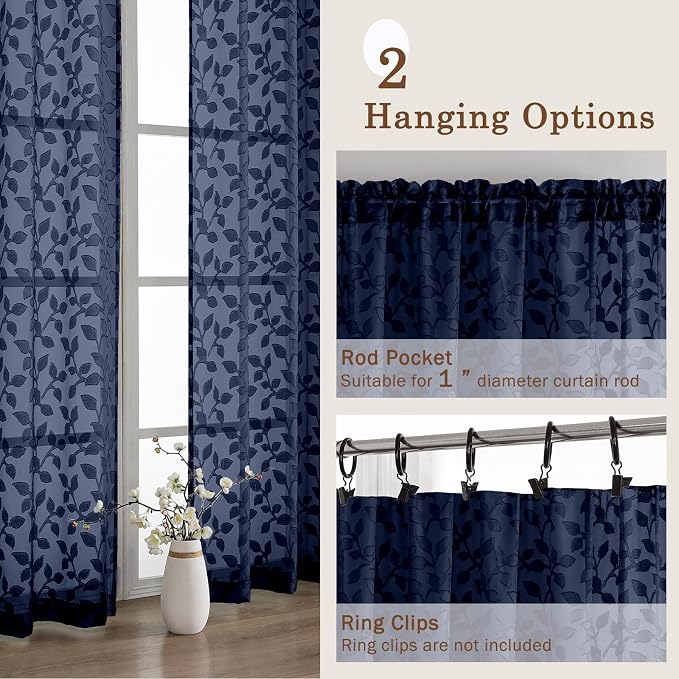 Chyhomenyc Navy Blue Sheer Curtains 36 Inch Length, Light Filtering Leaf Tufted - Image 7