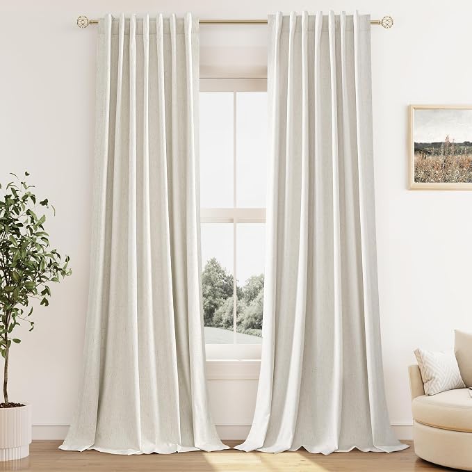 Guken Cream 100% Blackout Linen Curtains 108 Inch Length 2 Panels Set - Image 9