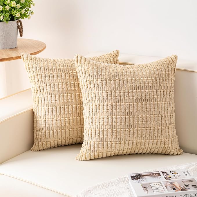 Pack of 2 Corduroy Decorative Throw Pillow Covers 22x22 Inch Soft Striped by Unknown