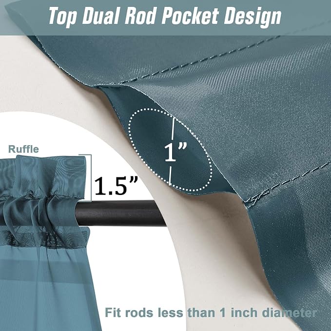 Dusty Blue Sheer Curtains 63 Inch Length 2 Panels, Voile Sheer Curtain - Image 3