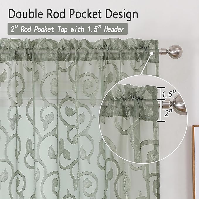 OWENIE Furman Sage Green Sheer Curtains 45 Inch Length 2 Panels Set - Image 4