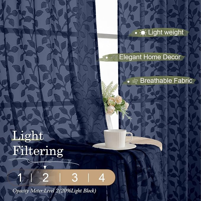 Chyhomenyc Navy Blue Sheer Curtains 36 Inch Length, Light Filtering Leaf Tufted - Image 2