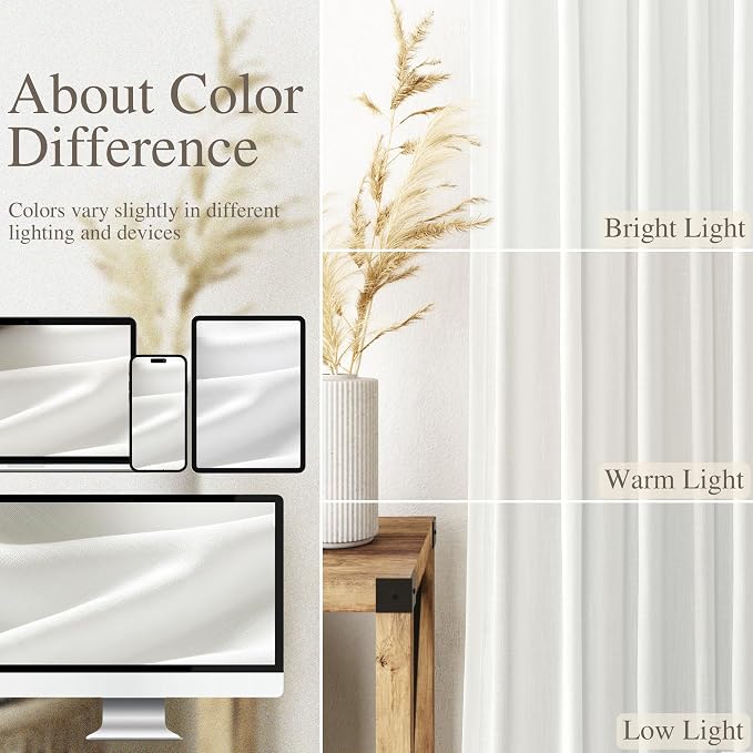 Off White Curtains 100 Inches Long 2 Panels Back Tab Sheer Linen Curtain Modern - Image 4