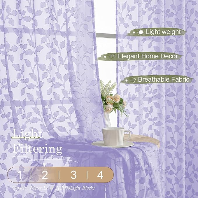 Chyhomenyc Light Purple Sheer Curtains 36 Inch Length, Light Filtering Leaf - Image 2