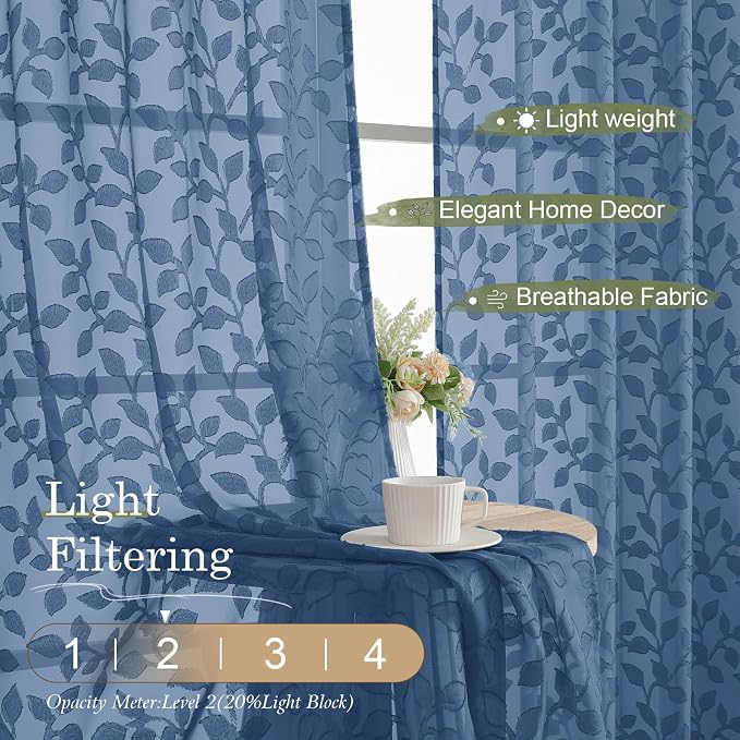 Chyhomenyc Dusty Blue Sheer Curtains 24 Inch Length, Light Filtering Leaf - Image 2