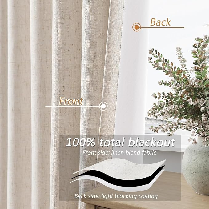 Guken 100% Blackout Linen Curtains 98 Inch Wide by 52 Inch 2 Panels Set - Image 4