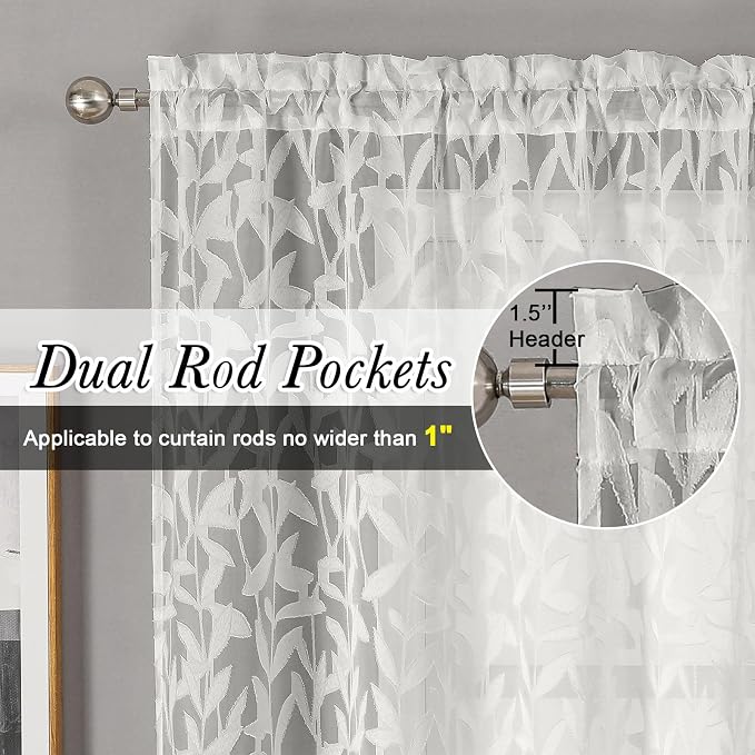 Lecloud Leia Ivory Sheer Curtains 63 Inch Length 2 Panels, Rustic Light - Image 2