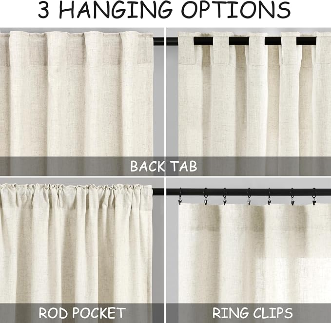 Nanspring Warm Beige Linen Curtains Semi Sheer 96 Inches Long 2 Panels Set - Image 2