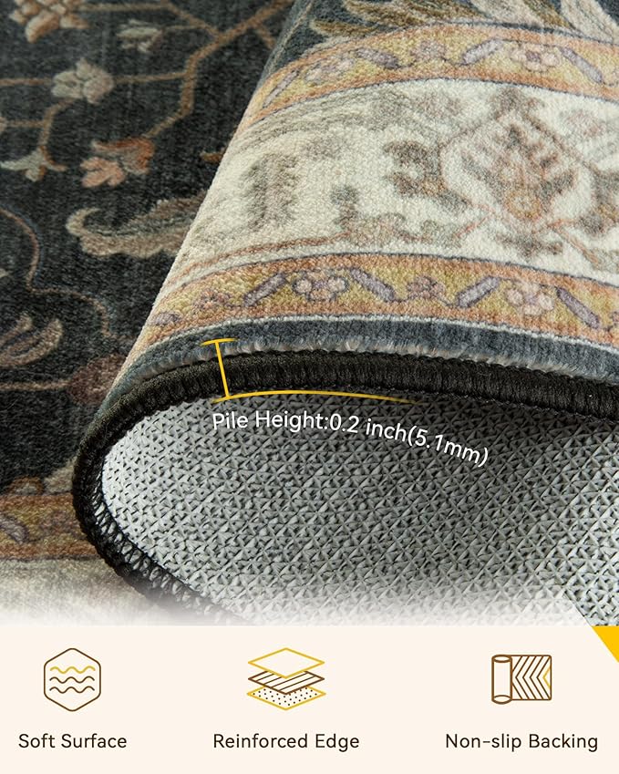 Area Rugs 3'x5' Washable Non-Slip, Floral Vintage Distress Print Pattern - Image 3