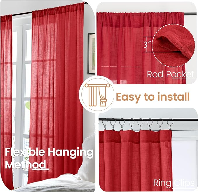 BGment Red Linen Curtains 63 Inches Long - Image 6
