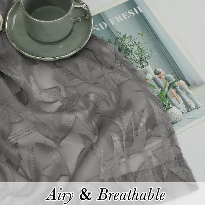 Lecloud Leia Charcoal Grey Sheer Kitchen Curtains 24 Inch 2 Pcs, Jacquard Leaf - Image 2