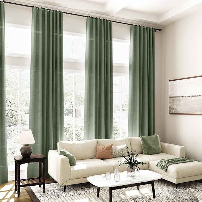 Olive Green Linen Curtains 80 Inch Length 2 Panel Set Back Tab Rod Pocket Semi - Image 6