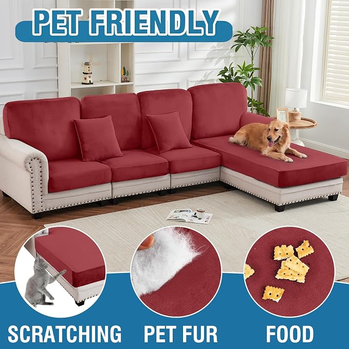 Couch Cover 3-Piece Elastic Velvet Couch Cushion Covers & Chaise Slipcovers - Image 4