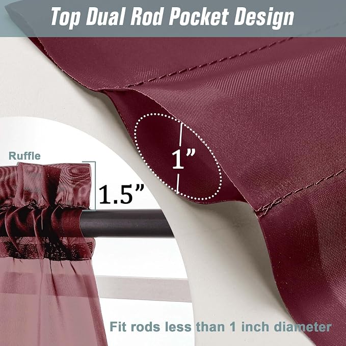 Burgundy Window Sheer Curtains 45 Inches Length, Voile Short Curtains - Image 3