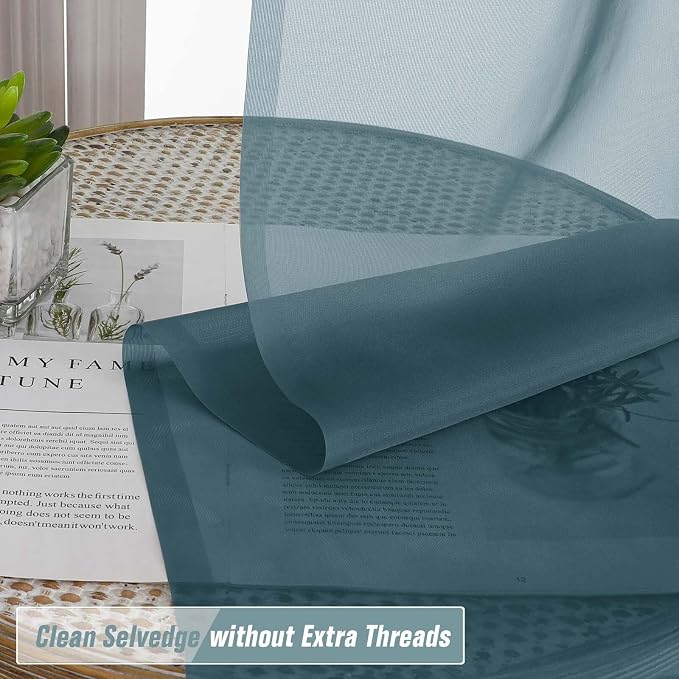 Dusty Blue Sheer Curtains 63 Inch Length 2 Panels, Voile Sheer Curtain - Image 2