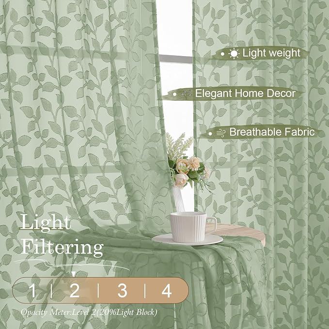Chyhomenyc Sage Green Sheer Curtains 30 Inch Length, Light Filtering Leaf - Image 2