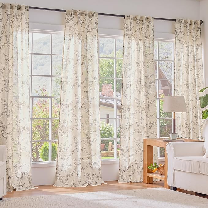 Lazzzy Grey Floral Linen Curtains 84 Inch Farmhouse Back Tab Drapes - Image 6