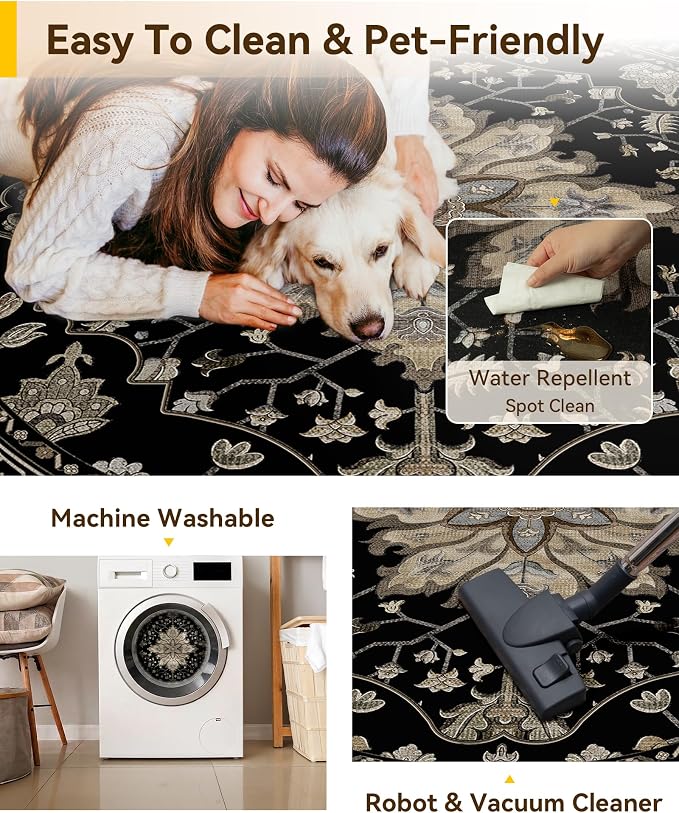 Area Rugs 4ft Washable Non-Slip, Floral Vintage Distress Print Pattern - Image 5
