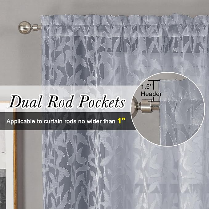Lecloud Leia Light Grey Sheer Curtains 90 Inches Long 2 Panels, Texture Patio - Image 2