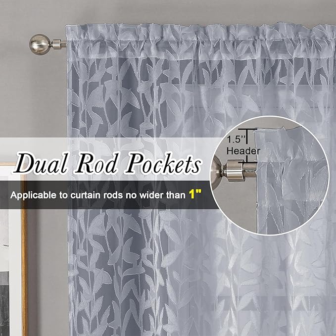 Lecloud Leia Light Grey Sheer Curtains 96 Inches Long 2 Panels, Jacquard Leaves - Image 2