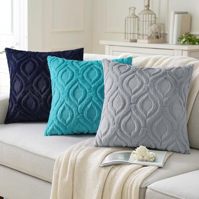 decorUhome Throw Pillow Covers 24x24 Inch Set of 2, Soft Plush Faux Wool Blue - Image 4