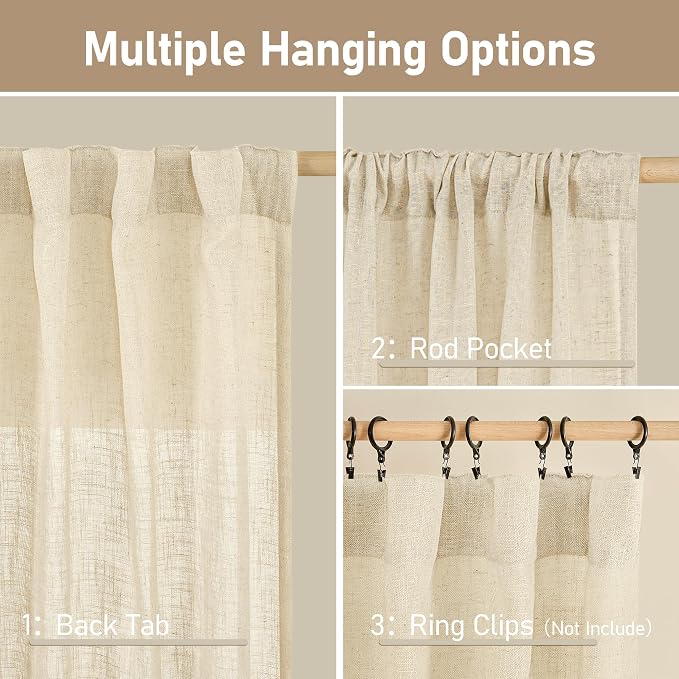 LAMIT Linen Curtains 63 Inch for Bedroom, Light Filtering Neutral Semi Sheer - Image 6