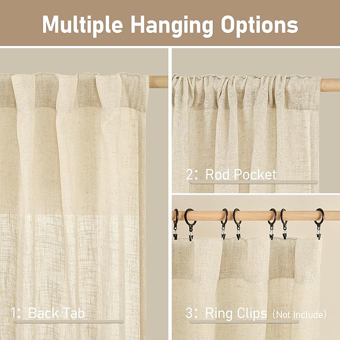 LAMIT Beige Linen Curtains 72 Inches Long 2 Panels - Image 3
