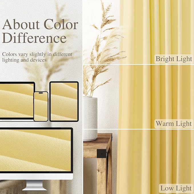 Yellow Linen Semi Sheer Curtains 108 Inches Long 2 Panels Set Back Tab Loop - Image 4